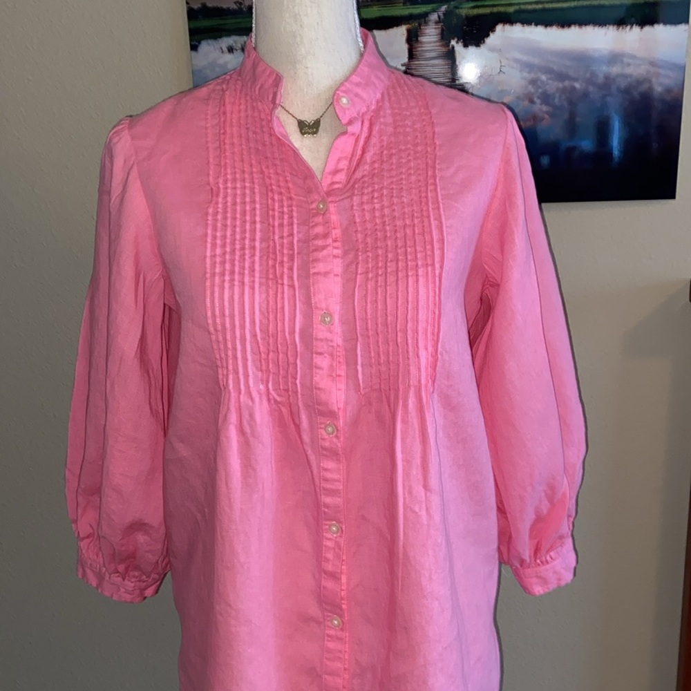 100% Linen Lauren by Ralph Lauren Pink Pin-tuck Blouse 3/4 Balloon Sleeves PINK